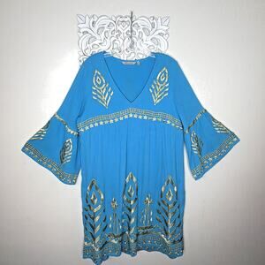 SOFT SURROUNDINGS Women's MEDIUM Dress Tunic Cover-up BOHO Luxe Turquoise Gold
